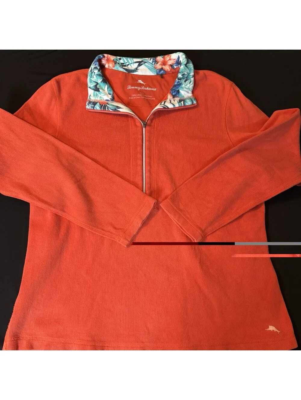 Tommy Bahama Men Large Quarter Zip Pullover Coral Tropical Collar Cotton